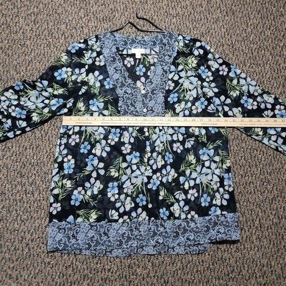 J. JILL Floral Lace Print Button Front Blouse Sheer Long Sleeve Navy Blue Small - Picture 14 of 16